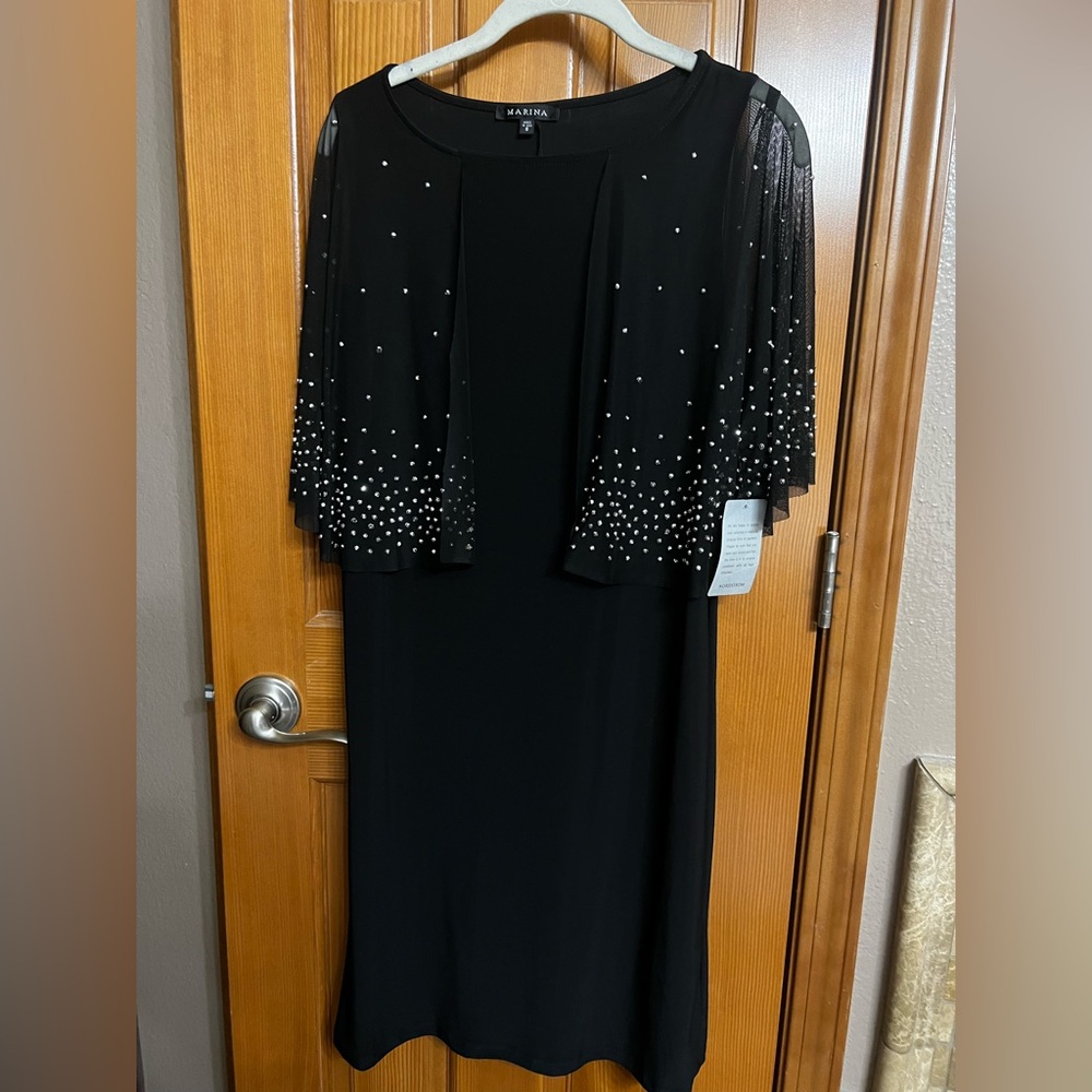 MARINA Black Long Sleeve Dress with Silver Accents